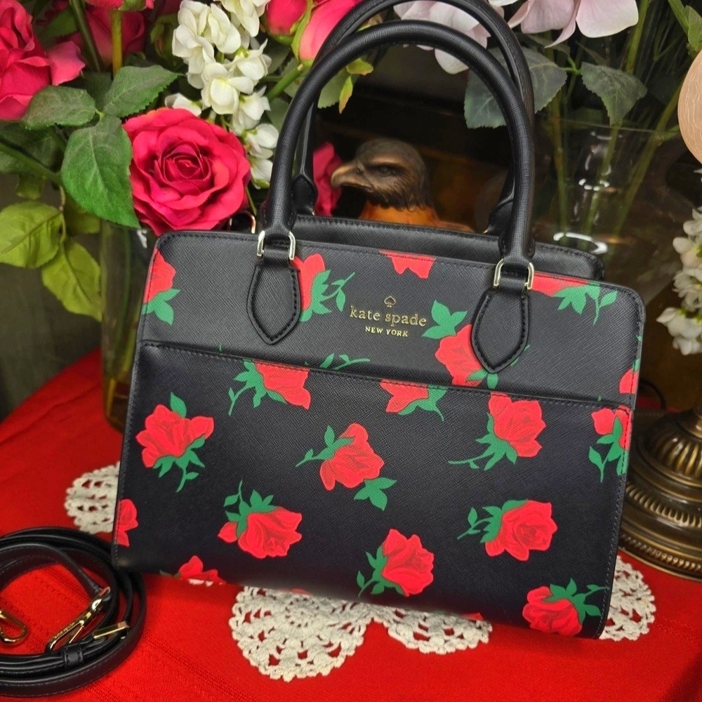 Kate Spade Black Satchel with Red Roses